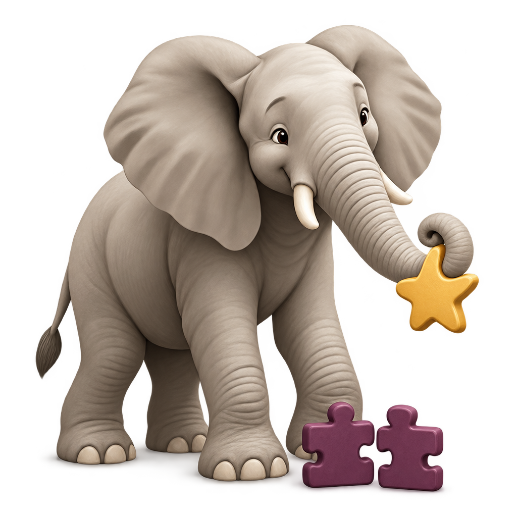 Der Elefant entdeckt ein goldenes Stern-Puzzleteil