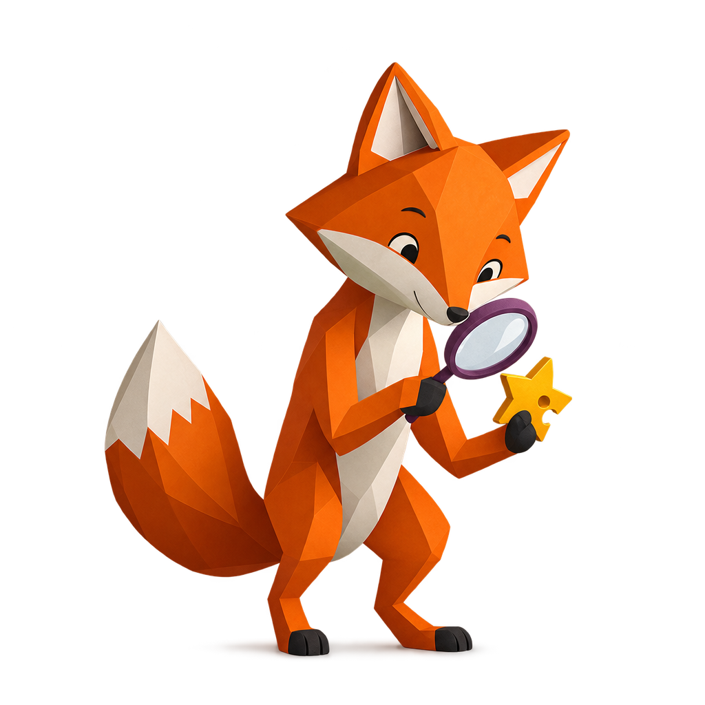 The fox discovering a star puzzle piece with a magnifying glass