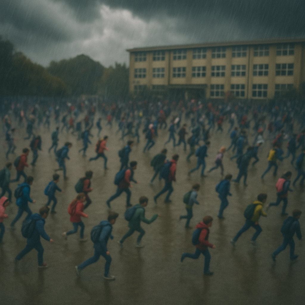 Students running across a schoolyard in heavy rain under dark storm clouds, symbolising chaos and pressure in the education system. “What if this isn’t the storm—what if it’s the climate?”. The picture represents the need to prioritise learning skills like resilience and self-regulation in the age of AI. Image connected to enduri’s focus on learning how to learn.