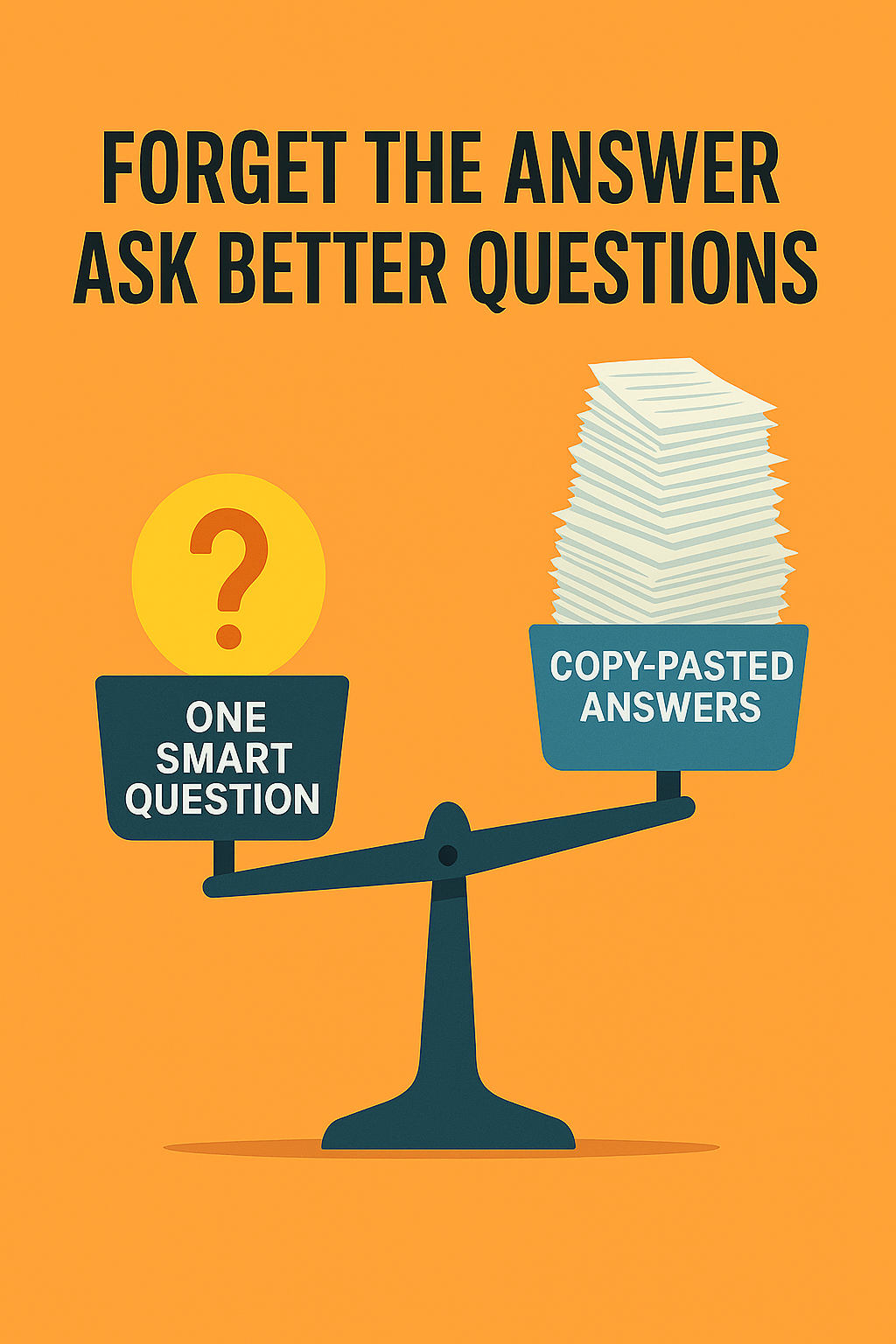 Illustration of a balance scale showing one smart question outweighing a large stack of copy-pasted answers, with the text “Forget the Answer – Ask Better Questions.”