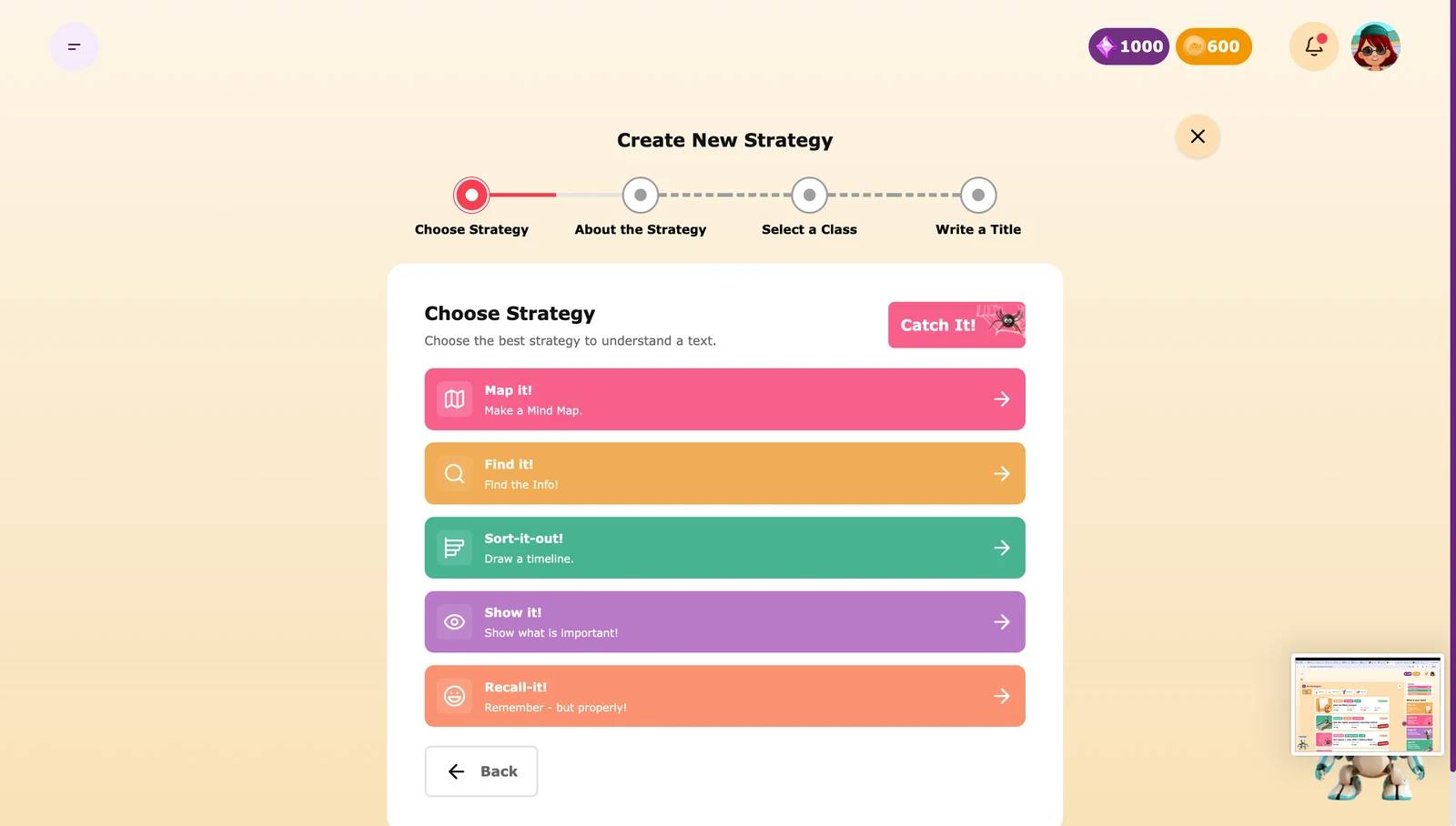 The enduri app showing a child choosing a learning strategy