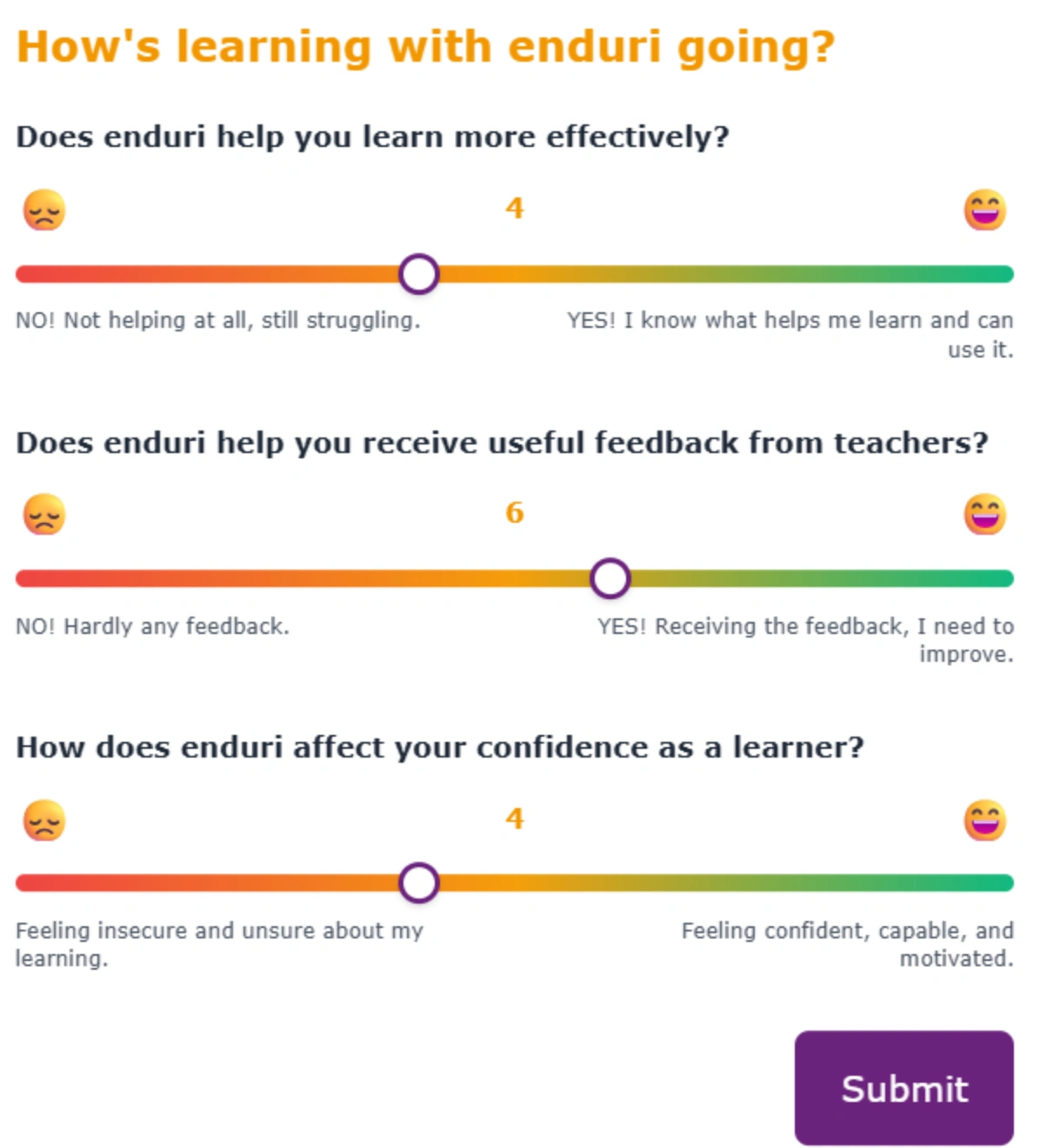 Student pulse: self-assessment of effective learning (4), teacher feedback (6), and confidence as a learner (4).