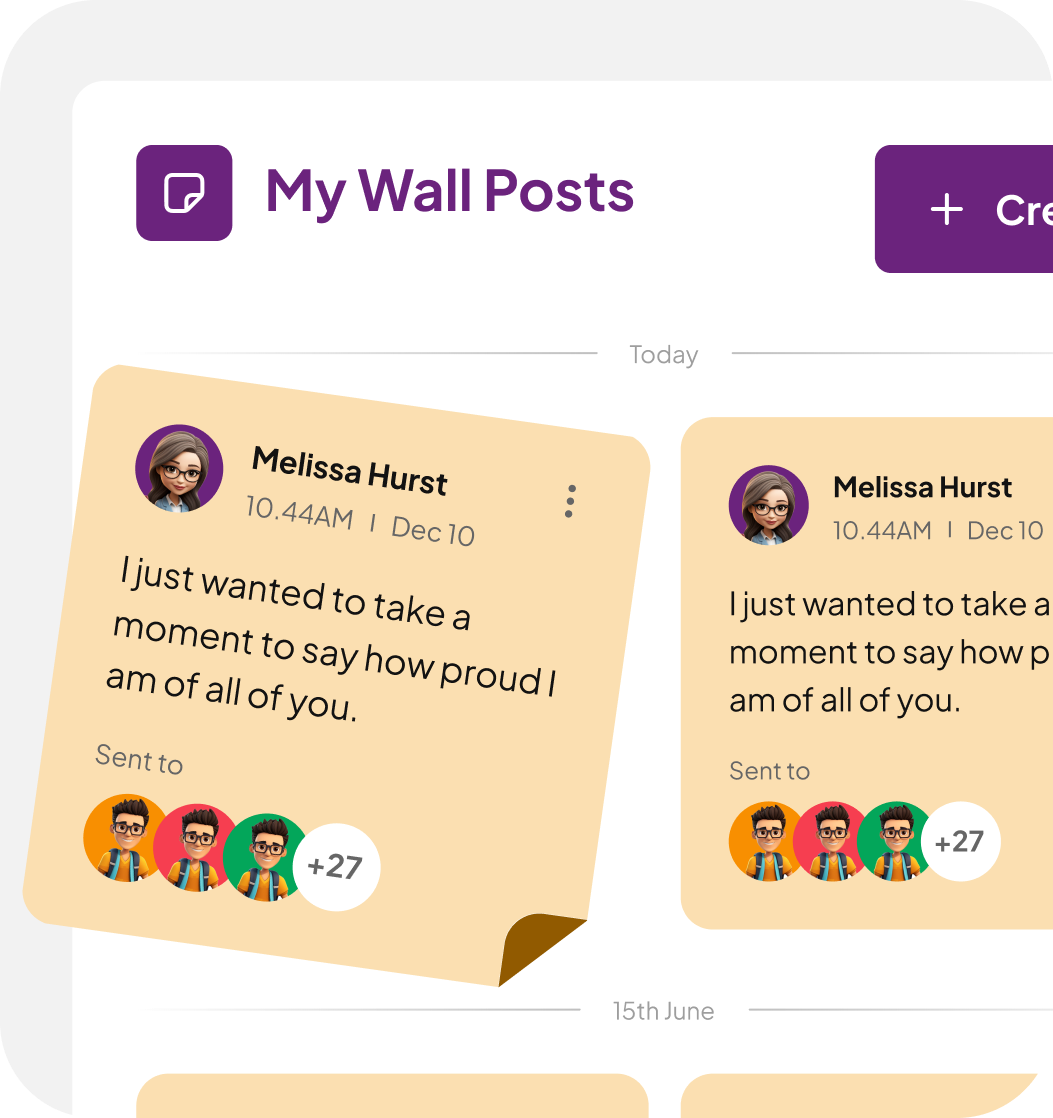 Lehrpersonen teilen Feedback und motivierende Nachrichten über My Wall Posts.