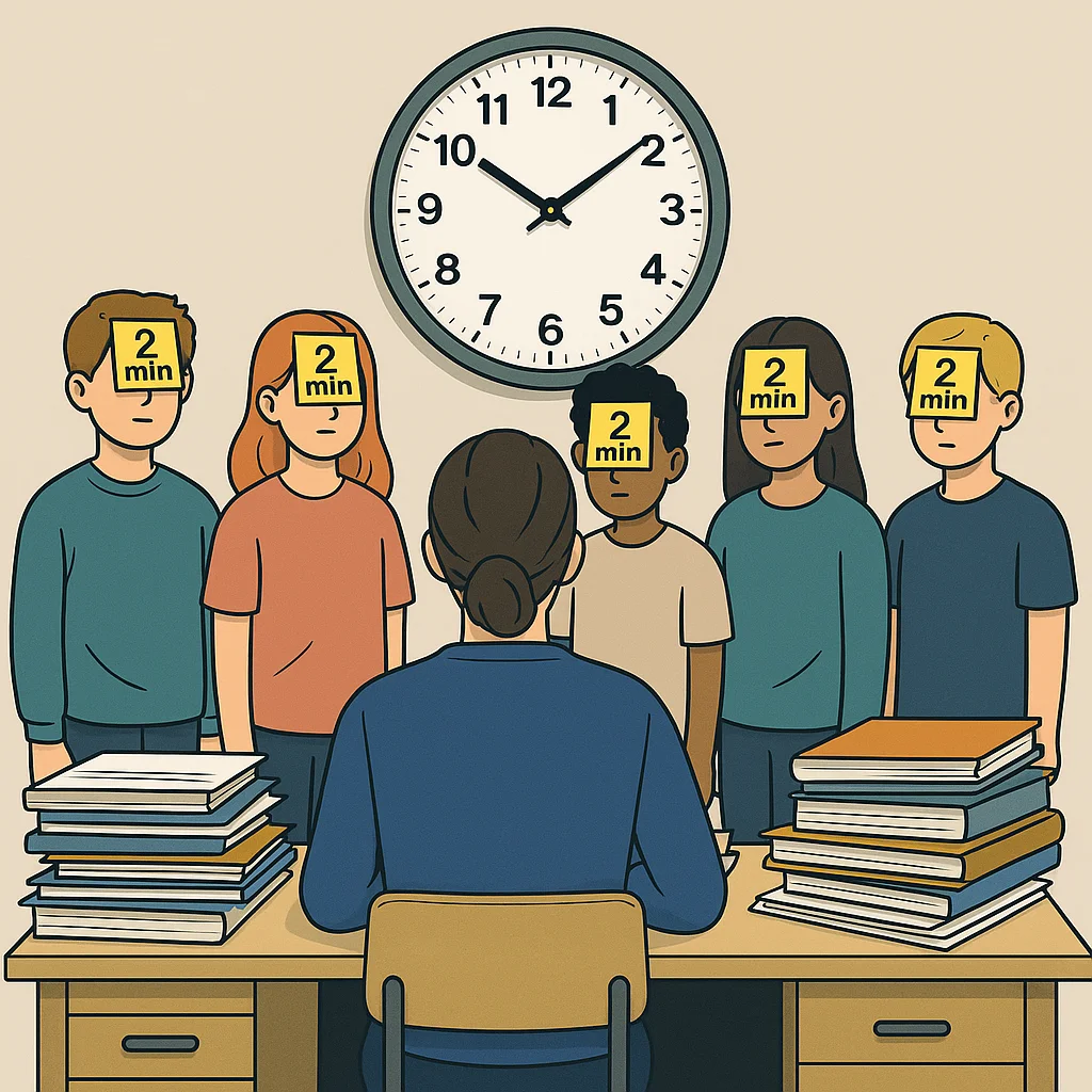 Illustration of a teacher at a desk with piles of books facing students lined up under a clock, each with a “2 min” note on their forehead, symbolizing the limited one-to-one attention in classrooms.